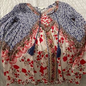 Coldwater Creek Blue, Red & Cream Floral Boho Peasant Top